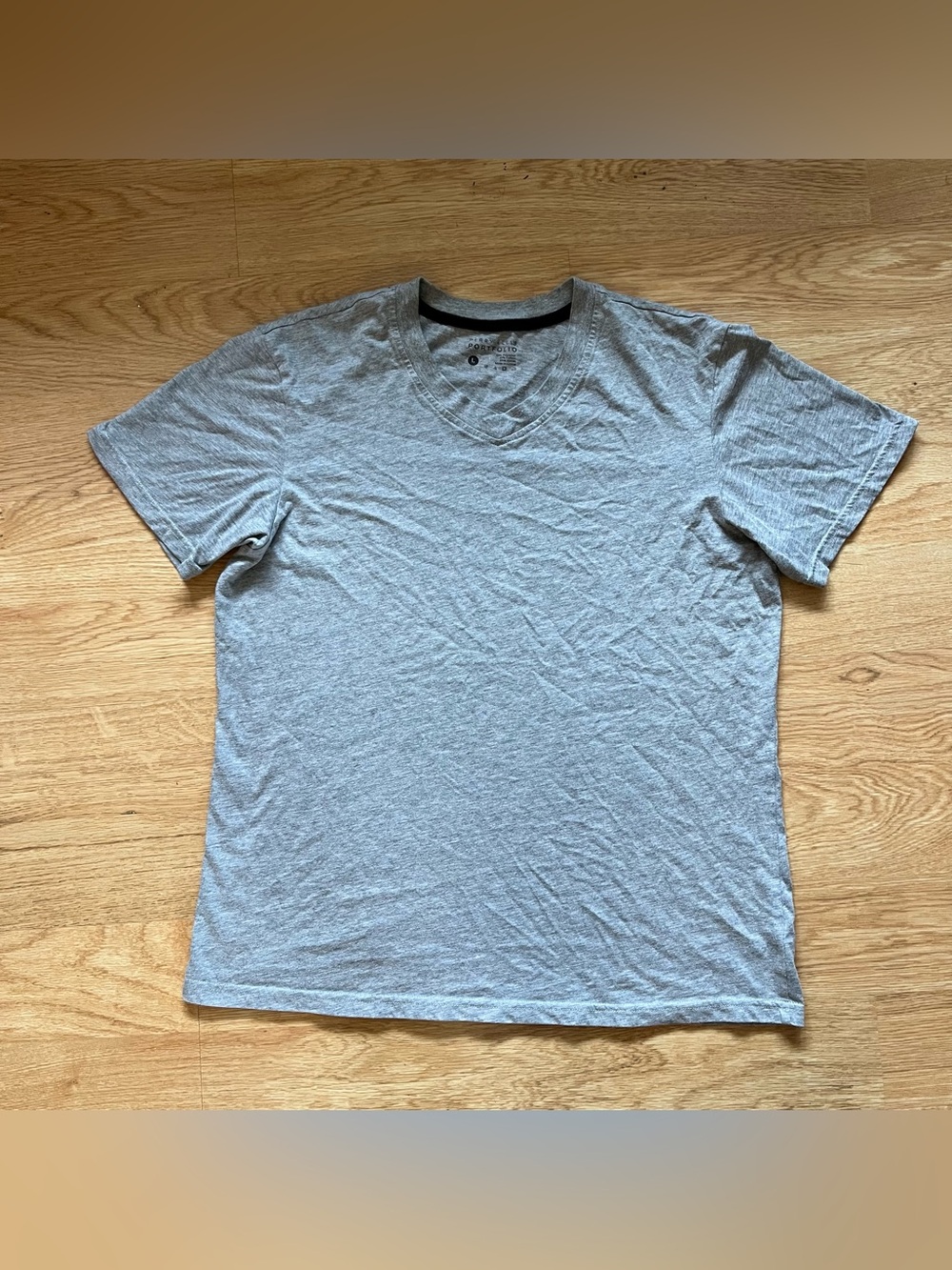 Perry Ellis Portfolio Gray Solid Logo Jersey Cotton Blend V-Neck Tee L